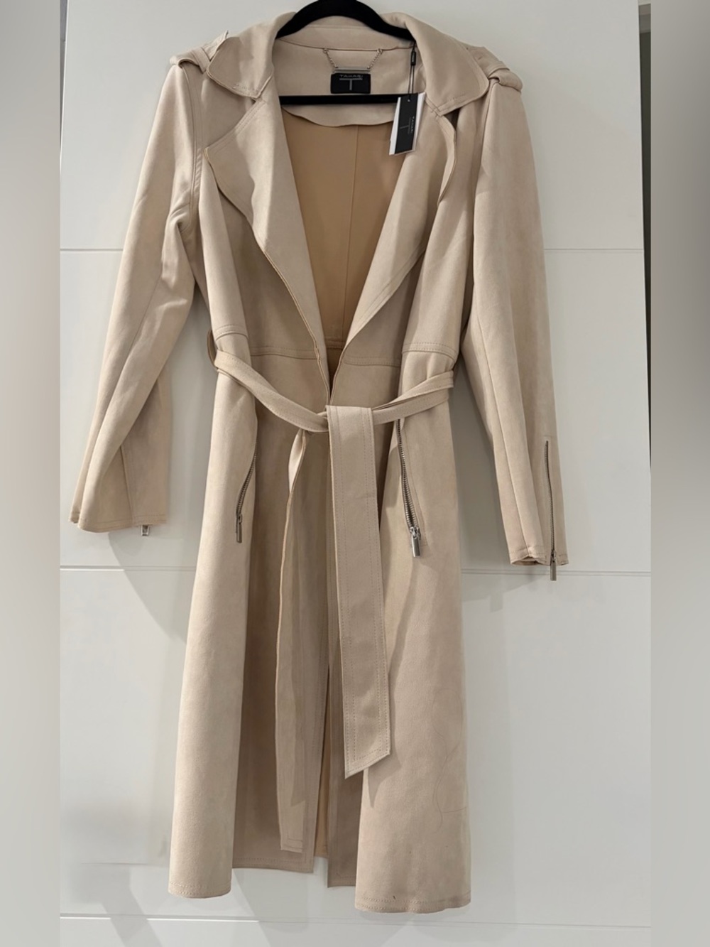 NWT Tahari Cream Trench Coat w/ Belt, Women’s Suede-Feel Faux Leather XL Jacket